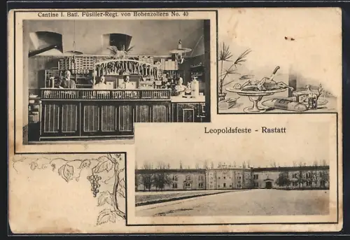 AK Rastatt, Leopoldsfeste, Cantine I. Bataillon Fusilier-Regiment von Hohenzollern No. 40, Gedeckte Tafel, Passepartout