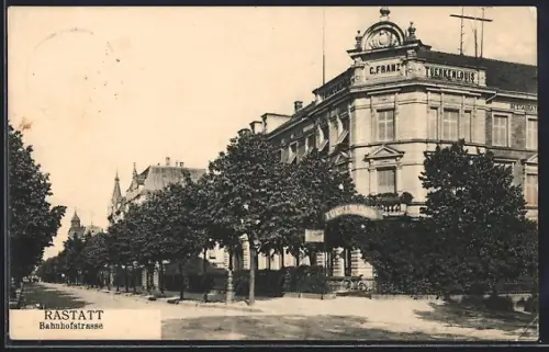 AK Rastatt, Bahnhofstrasse mit Restaurant Türkenlouis
