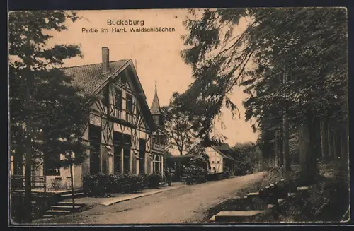 AK Bückeburg, Strassenpartie mit Gasthof Waldschlösschen im Harrl