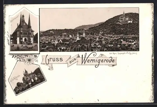 Lithographie Wernigerode, Teilansicht, Schloss, Rathaus
