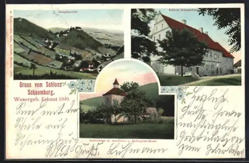 AK Schaumburg / Wesergebirge, Panorama, Schloss Schaumburg, Archivturm mit Amtshaus und Gefängnis-Ruine