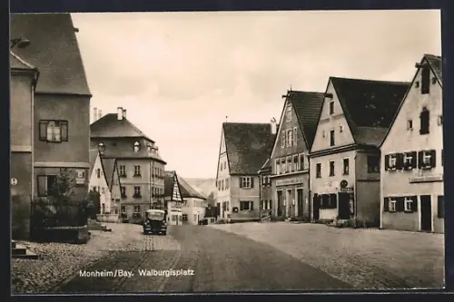 AK Monheim /Bay., Walburgisplatz mit Bäckerei
