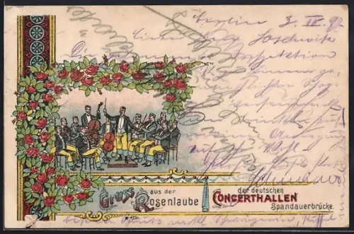 Lithographie Berlin, Rosenlaube der deutsche Concerthallen an der Spandauerbrücke, Dirigent mit Orchester