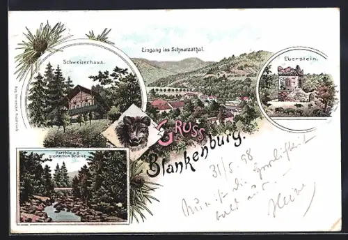 Lithographie Blankenburg / Harz, Schweizerhaus, Eingang ins Schwarzathal, Eberstein