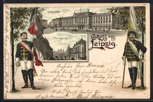 Lithographie Leipzig, Universität, Paulinerhof, Studenten mit Fahnen