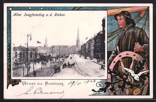 Lithographie Hamburg-Neustadt, Alter Jungfernstieg nach dem Umbau, Seemann am Steuerrad