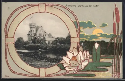 Lithographie Hamburg-St.Georg, Partie an der Alster, Uferlandschaft mit Seerose
