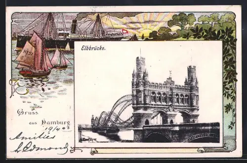 Grusskarten-AK Hamburg-Rothenburgsort, Elbbrücke, Dampfer bei Sonnenschein