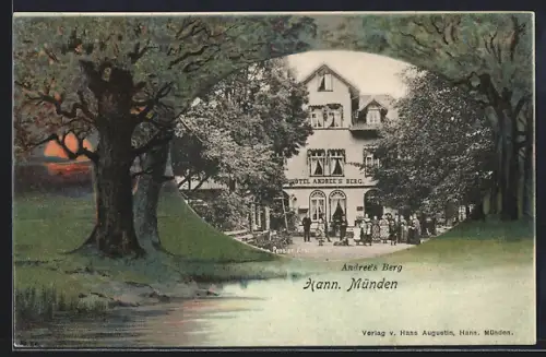 Lithographie Hann. Münden, Gasthof Andrees Berg, Uferlandschaft mit Bäumen bei Sonnenuntergang
