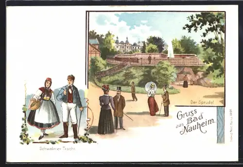 Lithographie Bad Nauheim, Sprudel, Schwälmer Tracht