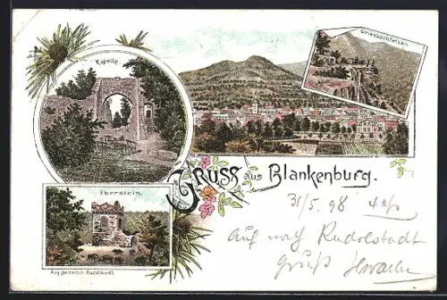 Lithographie Blankenburg / Harz, Griesbachfelsen, Kapelle, Eberstein