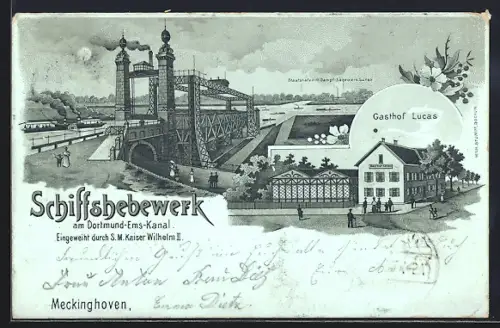 Mondschein-Lithographie Meckinghoven, Gasthof Lucas, Schiffshebewerk am Dortmund-Ems-Kanal
