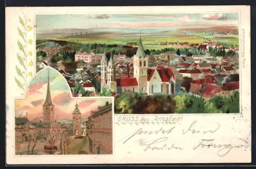 Lithographie Arnstadt, Teilansicht mit Kirche, Riedplatz am Abend