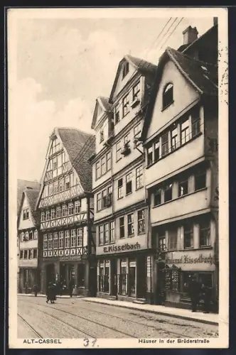 AK Kassel, Häuser mit Geschäften in der Brüderstrasse