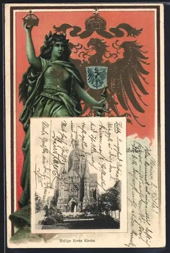 Passepartout-Lithographie Berlin-Kreuzberg, Heilige Kreuz-Kirche, Frau mit Krone und Schwert, Wappen