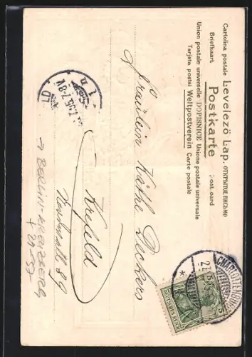 Passepartout-Lithographie Berlin-Kreuzberg, Heilige Kreuz-Kirche, Frau mit Krone und Schwert, Wappen