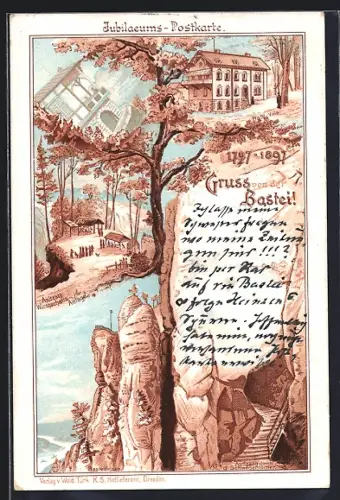 Lithographie Bastei, Wald-Villa, Basteifelsen, Aufgang durch d. Schwedenlöcher
