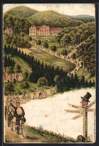 Lithographie Wittmar, Gasthaus zur Asse, Fahrradfahrer in Anstieg und Abfahrt