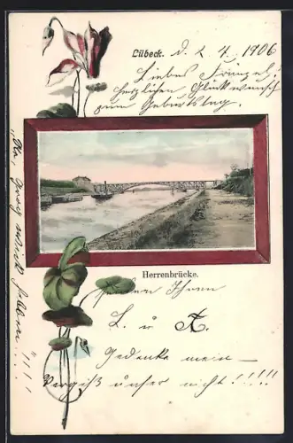 AK Lübeck, Herrenbrücke, Blume, Passepartout