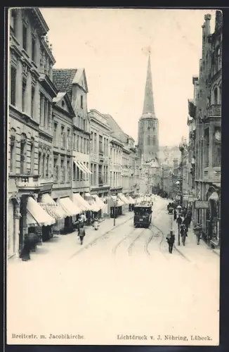 AK Lübeck, Strassenbahn in der Breitestrasse mit Jacobikirche