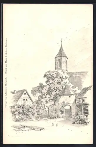 Lithographie Beutelsbach /Weinstadt, Strassenpartie mit Kirche