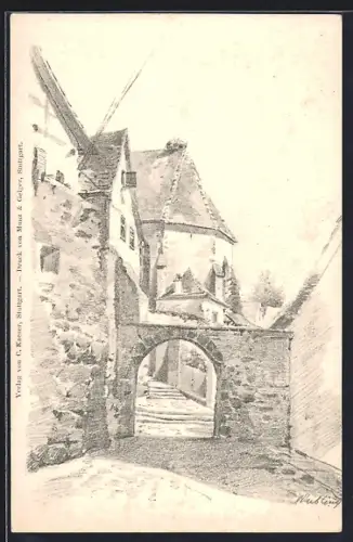 Lithographie Waiblingen, Strassenpartie am Tor mit Kirche