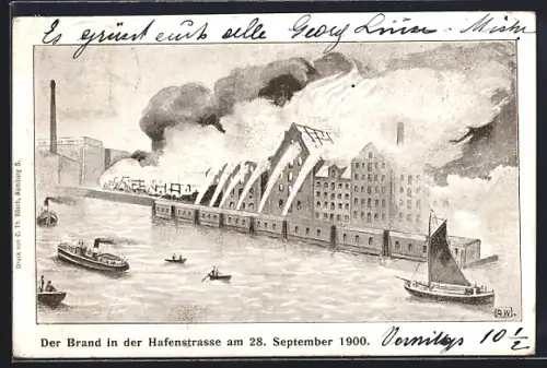Künstler-AK Hamburg-St. Pauli, Brand in der Hafenstrasse am 28. Sept. 1900