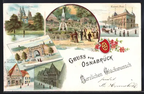 Lithographie Osnabrück, Ortsansicht mit Dom und Hotel Drei Kronen
