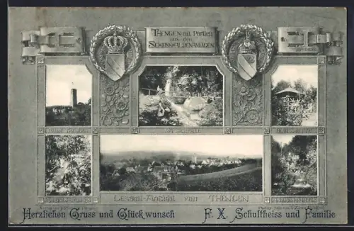 AK Thengen, Schlosshaldenanlagen, Ruine, Wasserfall, Blockhütte, Glückwunsch, Passepartout