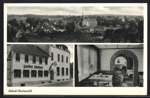 AK Asbach /Westerwald, Gasthof Gödtner, Innenansicht, Teilansicht mit Kirche
