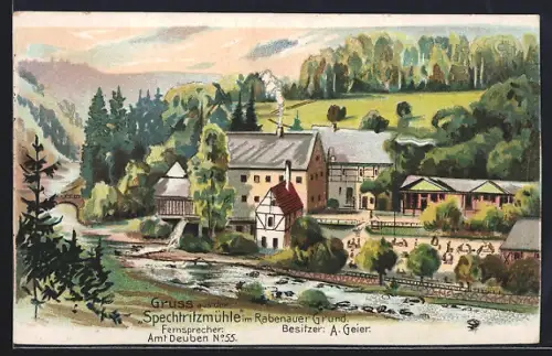 Lithographie Rabenau /Rabenauer Grund, Gasthaus Spechtritzmühle von A. Geier