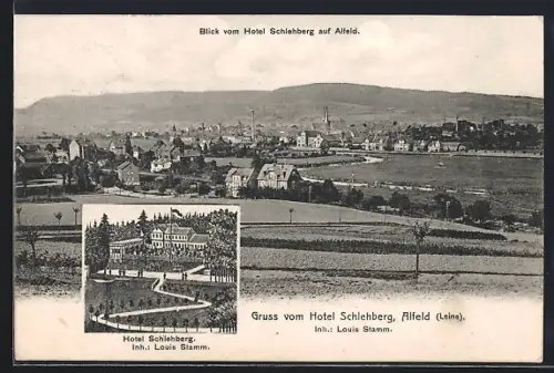 AK Alfeld /Leine, Hotel Schlehberg mit Blick auf den Ort