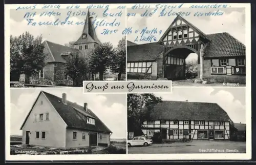 AK Garmissen, Geschäftshaus Bendix, Kirche, Kindergarten, Rittergut