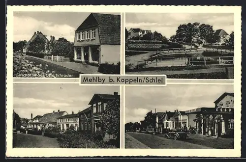 AK Mehlby b. Kappeln, Geschäftshaus Otto Schrader, Esso-Tankstelle, Strassenpartie