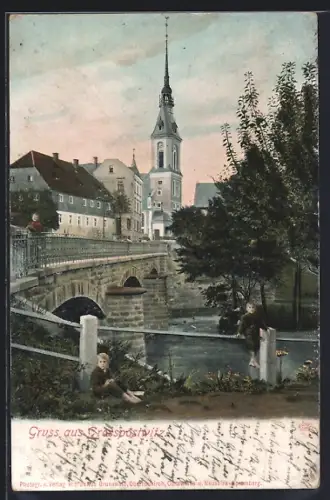 AK Grosspostwitz, Blick von der Brücke zur Kirche