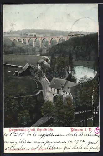 AK Plauen i. V., Poppenmühle mit Syrabrücke