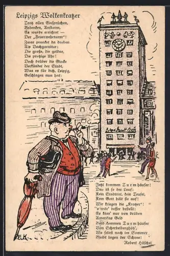 AK Leipzig, Wolkenkratzer und Passanten, humoristisches Gedicht