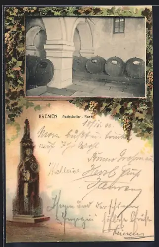 Lithographie Bremen, Gasthaus Ratskeller, Innenansicht, Rose, Passepartout