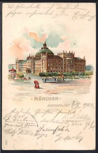 Lithographie München, Justizpalast mit Strassenpartie