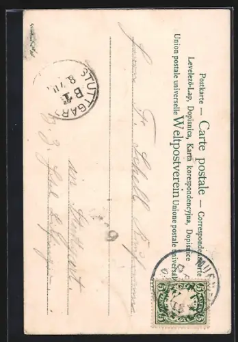 Lithographie München, Justizpalast mit Strassenpartie