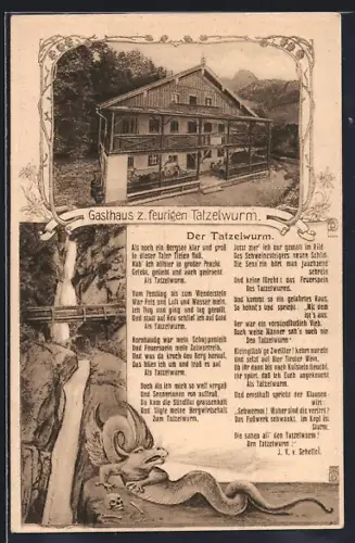 Passepartout-AK Oberaudorf, Gasthaus zum feurigen Tatzelwurm, Lindwurm, Gedicht