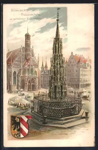 Lithographie Nürnberg, Frauenkirche, schöner Brunnen