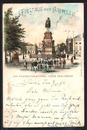 Vorläufer-Lithographie Berlin, 1894, Unter den Linden, Das Friedrichsdenkmal
