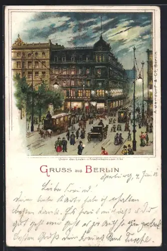 Lithographie Berlin, Unter den Linden Ecke Friedrichstrasse, Cafe Bauer