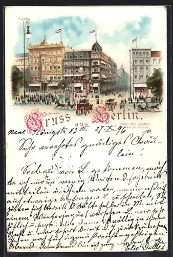 Lithographie Berlin, Cafe Bauer Unter den Linden Ecke Friedrichstrasse mit Pferdebahn
