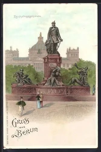 Lithographie Berlin-Tiergarten, Partie vor dem Reichstagsgebäude mit Bismarck-Denkmal