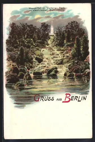 Lithographie Berlin-Kreuzberg, Wasserfall im Victoria-Park bei elektrischer Beleuchtung