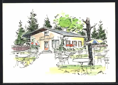 Künstler-AK Strasslach bei Grünwald, Cafe Rosenhäusl mit Garten
