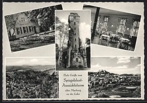 AK Marburg an der Lahn, Gaststätte Spiegelslust mit Speisesaal und Garten, Aussichtsturm