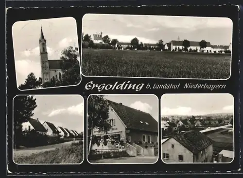 AK Ergolding bei Landshut, Ortspartie mit Kirche und Lebensmittelgeschäft